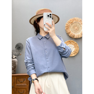 Sẵn sàng - Áo sơ mi nữ 100% cotton cổ nhọn nút đôi, phù hợp mùa thu đông