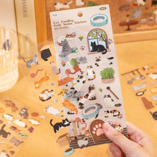 ENWEI 2 Chiếc [Cat Daily Life Series] Nhãn dán trang trí giấy tráng họa tiết mèo phong cách dễ thương Hạt dẻ Cottage Thú cưng dễ thương để ghi nhật ký Người lập kế hoạch Đồ dùng văn phòng phẩm