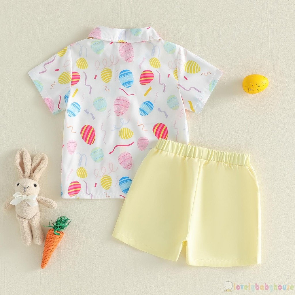 LBH-Toddler Bé Trai Trứng Phục Sinh Họa Tiết Thỏ Nút Xuống Áo Sơ Mi Tay Ngắn Có Quần Short Bộ 2 Chiếc