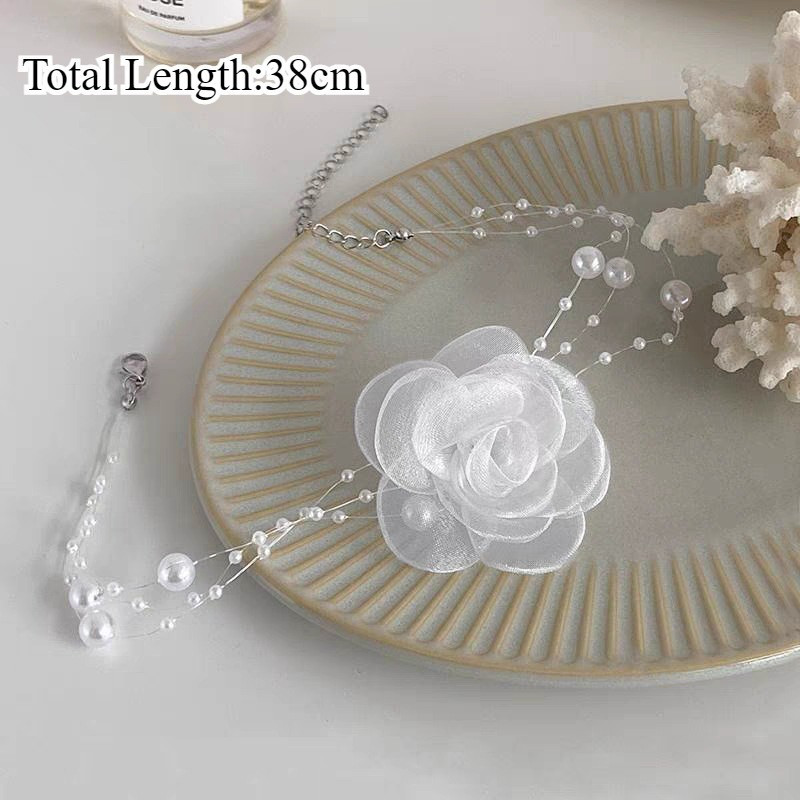 Ngọt Ngào Nhiều Lớp Lưới Camellia Vòng Cổ Ngọc Trai Thời Trang Đính Hạt Xương Đòn Dây Chuyền Cho Bé Gái