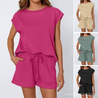 [Khuyến mãi 10%] Quần áo plus size nữ xuân hè, cổ tròn dáng rộng, bộ đồ hai mảnh ngắn tay