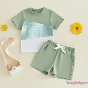 Bộ trang phục mùa hè cho bé trai mới biết đi Áo ngắn tay màu tương phản + Quần Short Bộ 2 chiếc