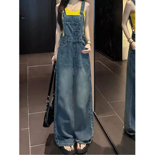 Quần yếm denim Nữ phong cách retro Mỹ trẻ trung, thiết kế mới mùa hè, quần rộng ống rộng thoải mái