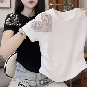 Áo thun ngắn tay nữ mùa hè với họa tiết kim cương rỗng, phong cách mới và sang trọng
