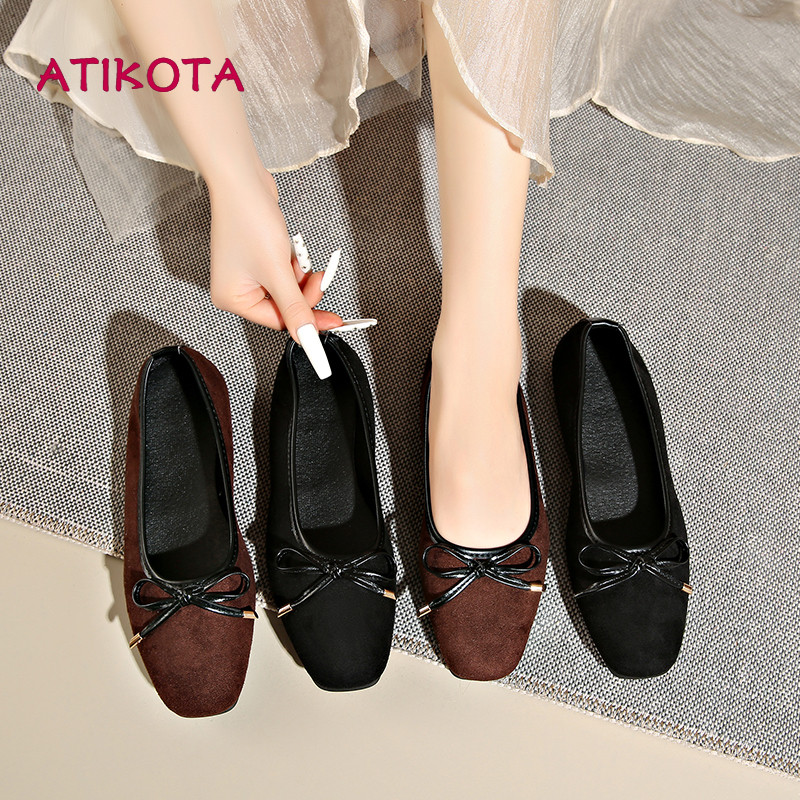 Atikota Nữ Thời Trang Nơ Mũi Vuông Đế Bằng Mềm Da Lộn Thoải Mái Đa Năng Giày Thường Ngày Để Mặc Hàng Ngày