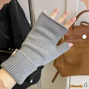 Găng tay nửa ngón Cheeseley dệt kim màu trơn, ấm áp và thời trang dành cho học sinh
