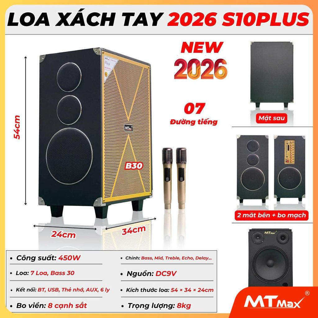 Loa Kraoke Gia đình S10 Plus  2 Micro Hát Nhẹ Vang Sâu Tích Hợp Pin Sạc Bass 30 Công Suất 450W