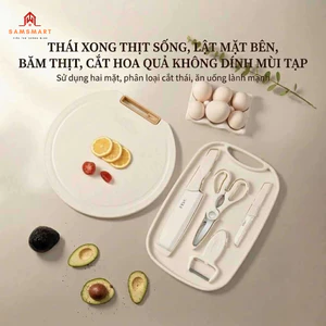 Bộ dao thớt kéo nạo đa năng 5 món cho bé ăn dặm kèm hộp đựng tròn tiện lợi