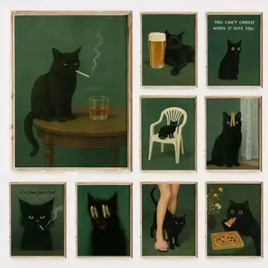 Melancholic Black Cat With Whiskey Smoking Green Background Canvas Painting Art Home Wall Decor Canvas Poster