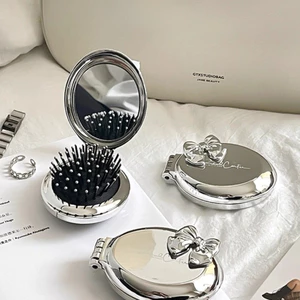 Gương Kèm Lược Gấp Gọn Bỏ Túi DINO, Thiết Kế Vỏ Tráng Bạc Đính Nơ Sang Trọng Phong Cách Tiểu Thư