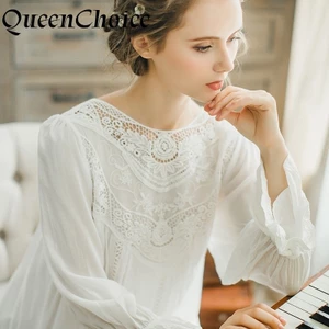 Váy ngủ nữ phong cách vintage công chúa, chất liệu bông và ren, thiết kế tay dài
