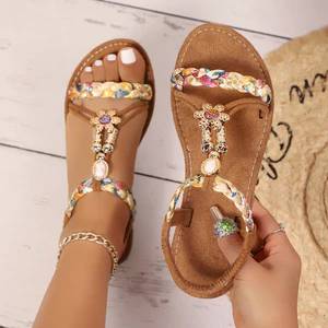 Dép Nữ Phong Cách Bohemian Mùa Hè 2025 Dệt Nhiều Màu Sắc Đính Hạt Mũi Tròn Thoải Mái Dép Đế Bằng SZWO