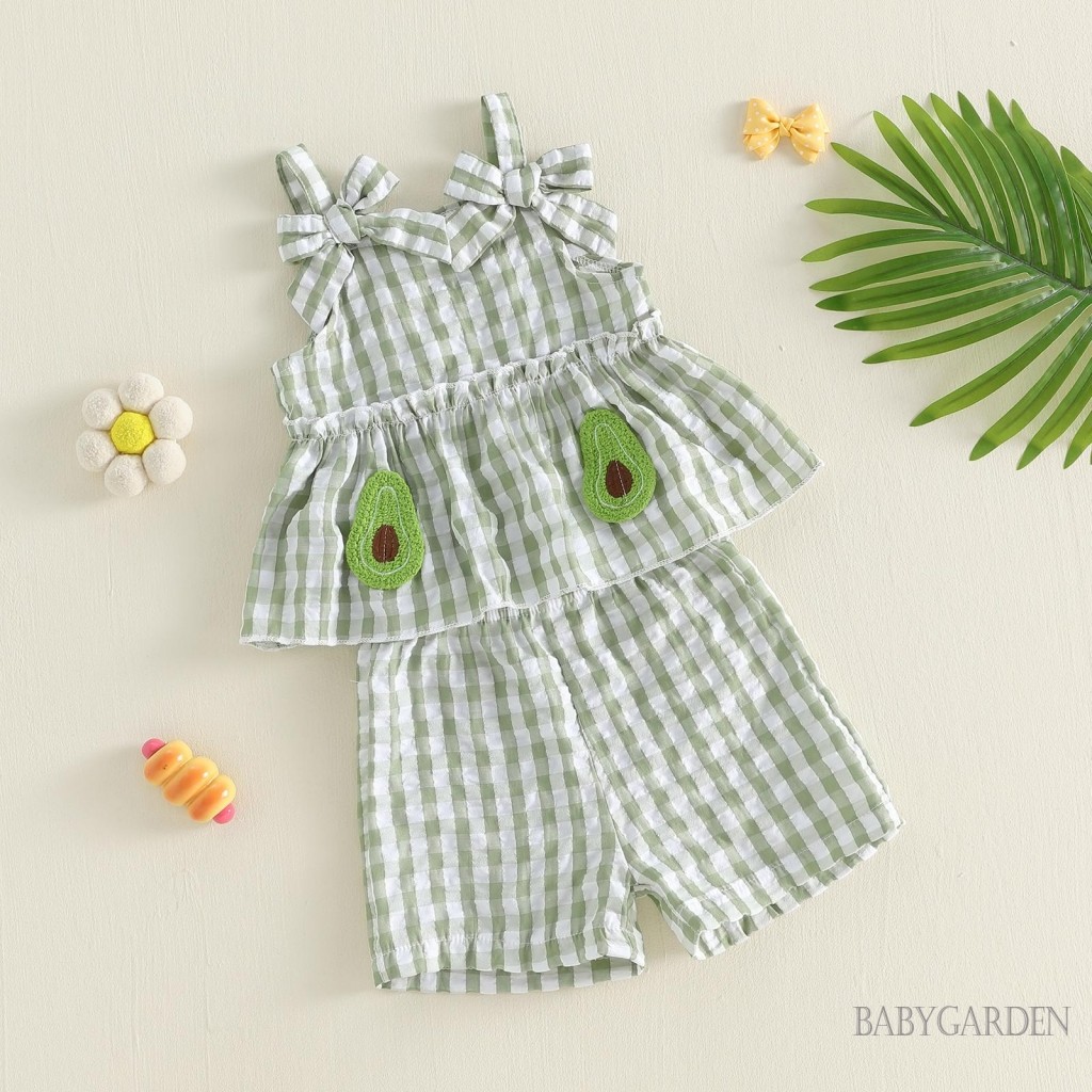 6M-4Y Bé Gái Mùa Hè Bộ Hoa / Bơ Thêu Kẻ Sọc Nơ Áo Bể Không Tay Áo Co Giãn Eo Quần Short