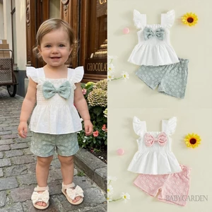Bộ trang trí nơ mùa hè cho bé gái 6M-4Y Áo và quần short hoa