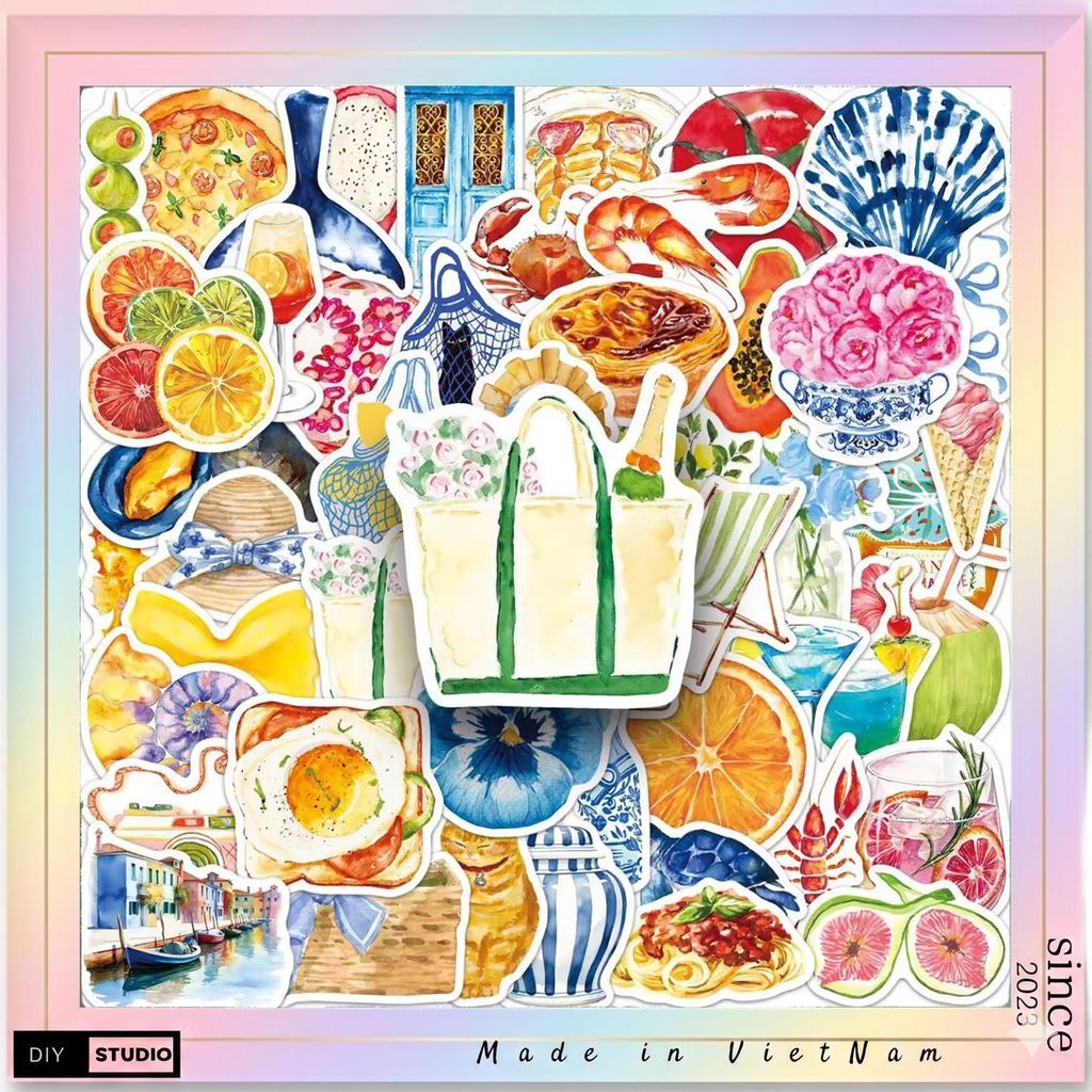 100 sticker tổng hợp phong cách art đồ ăn và cảnh biển vẽ tay chống nước tốt