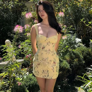 CuteNew Đầm Bodycon Mini Ren Chắp Vá, Thiết Kế Cổ Thấp In Hoa Thanh Lịch Cho Mùa Hè