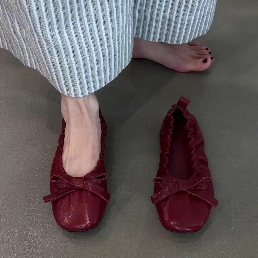 3 Màu Size Lớn 35-40 Phiên Bản Da Cừu ~ Retro Xếp Ly Nơ Giày Ba Lê Slip-On Giày Đế Bằng Nữ Đi Lại Sang Trọng Nông Miệng Giày B0B8