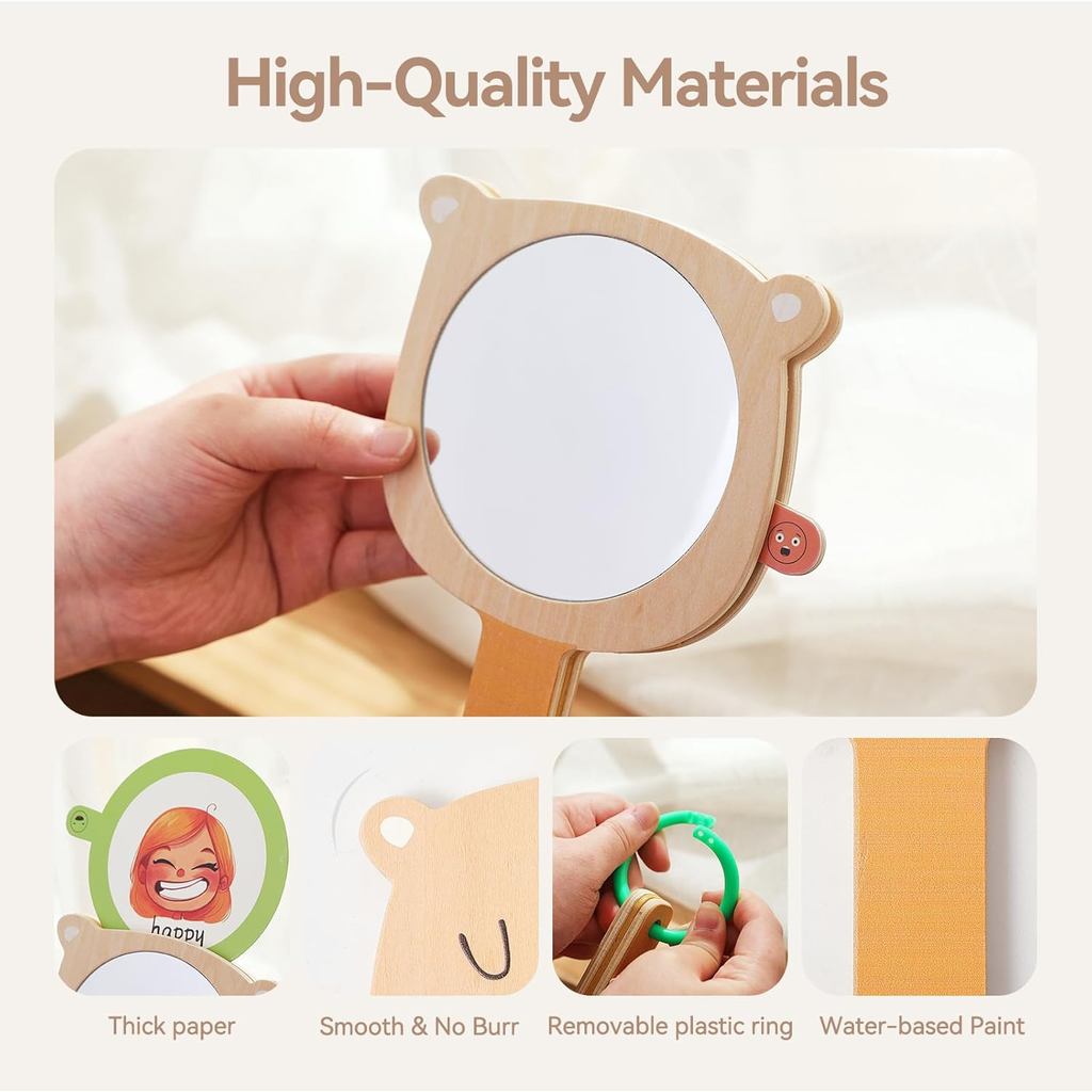Gương cảm xúc bằng gỗ cho trẻ em - Đồ chơi học tập cảm xúc xã hội, Trị liệu bằng lời nói & Đồ chơi cảm giác tự kỷ có cầu trượt cảm xúc, Đồ dùng góc bình tĩnh cho gia đình và lớp học