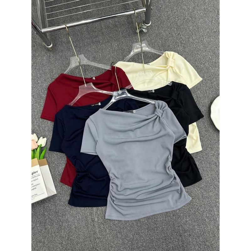 Áo Thun Tay Ngắn Cổ Lệch Thắt Nút Big Size ESHOP Áo Thun Nữ Chất Thun Gân Tăm Mềm Mát Co Giãn MS532