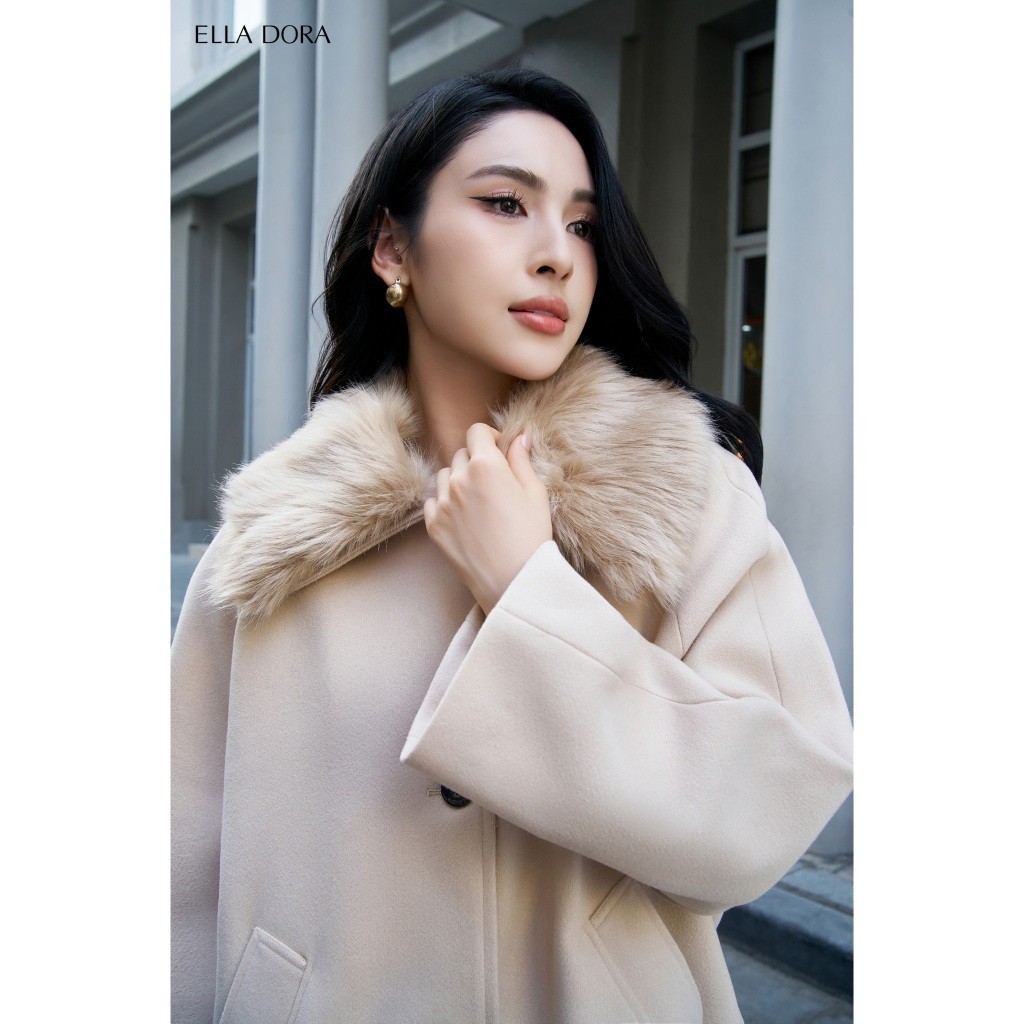 Áo khoác nữ ELLA DORA dạ cashmere thiết kế cổ lông tháo rời form A thanh lịch sang trọng [K09]
