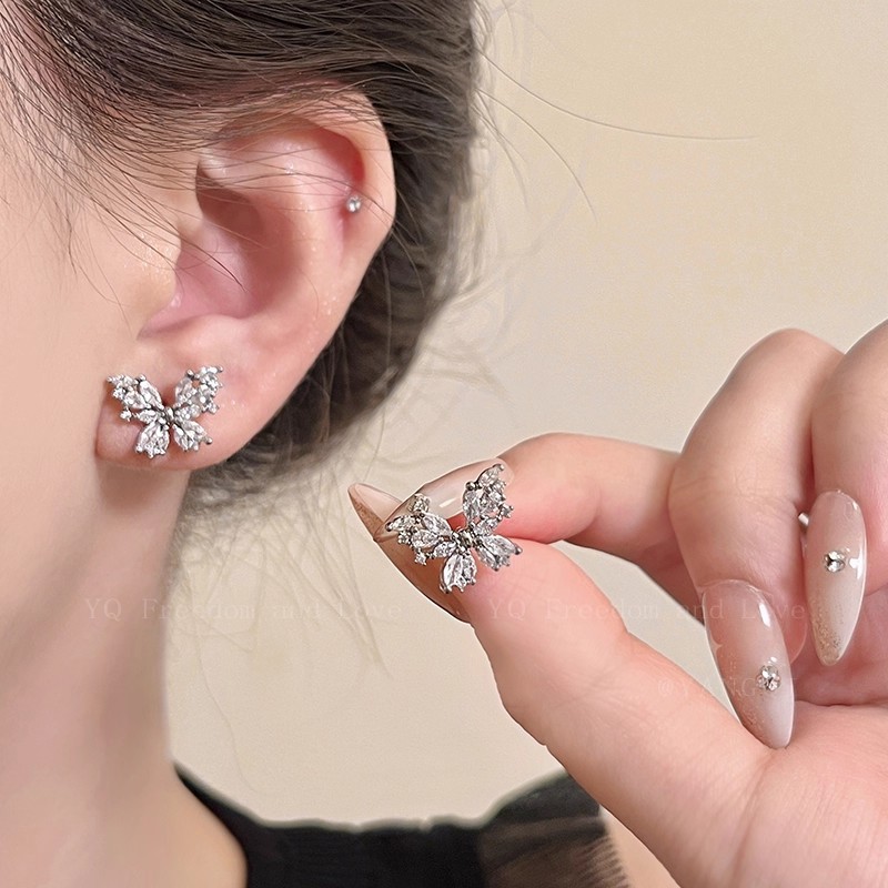 Bông Tai Bướm Zircon Bạc Nữ Nhỏ Tinh Tế Phong Cách Độc Đáo