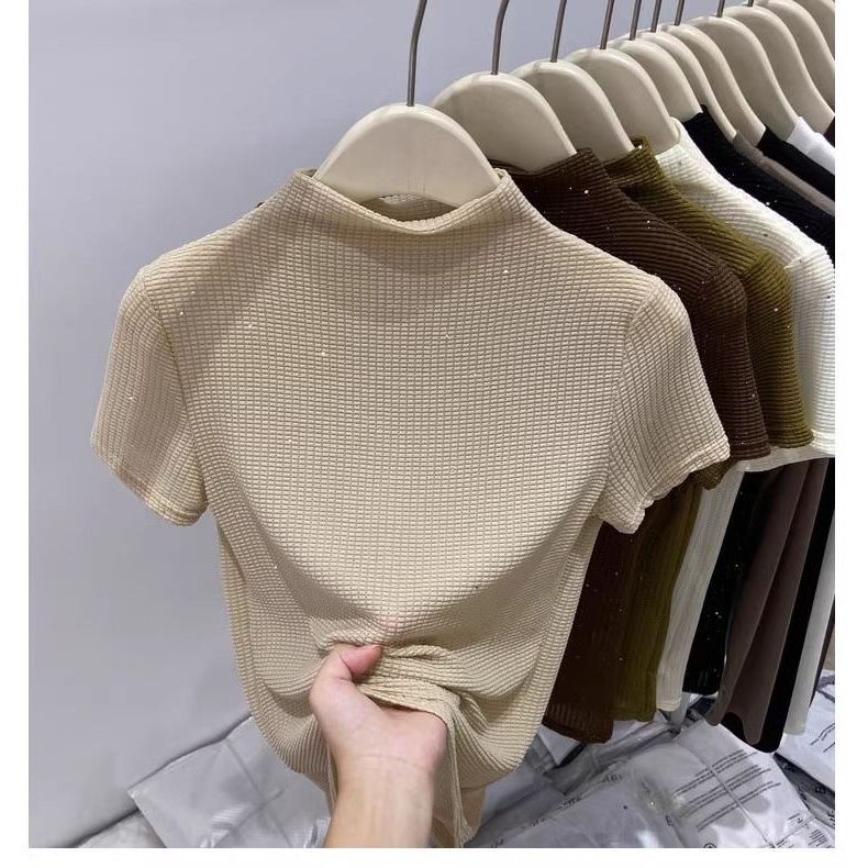 Milyfashion Size Lớn Ôm Hơn Nhìn Nửa Cổ Cao Tay Ngắn Sequined Áo Thun Mùa Hè Phong Cách Mới Phù Hợp Với Da Hàng Đầu