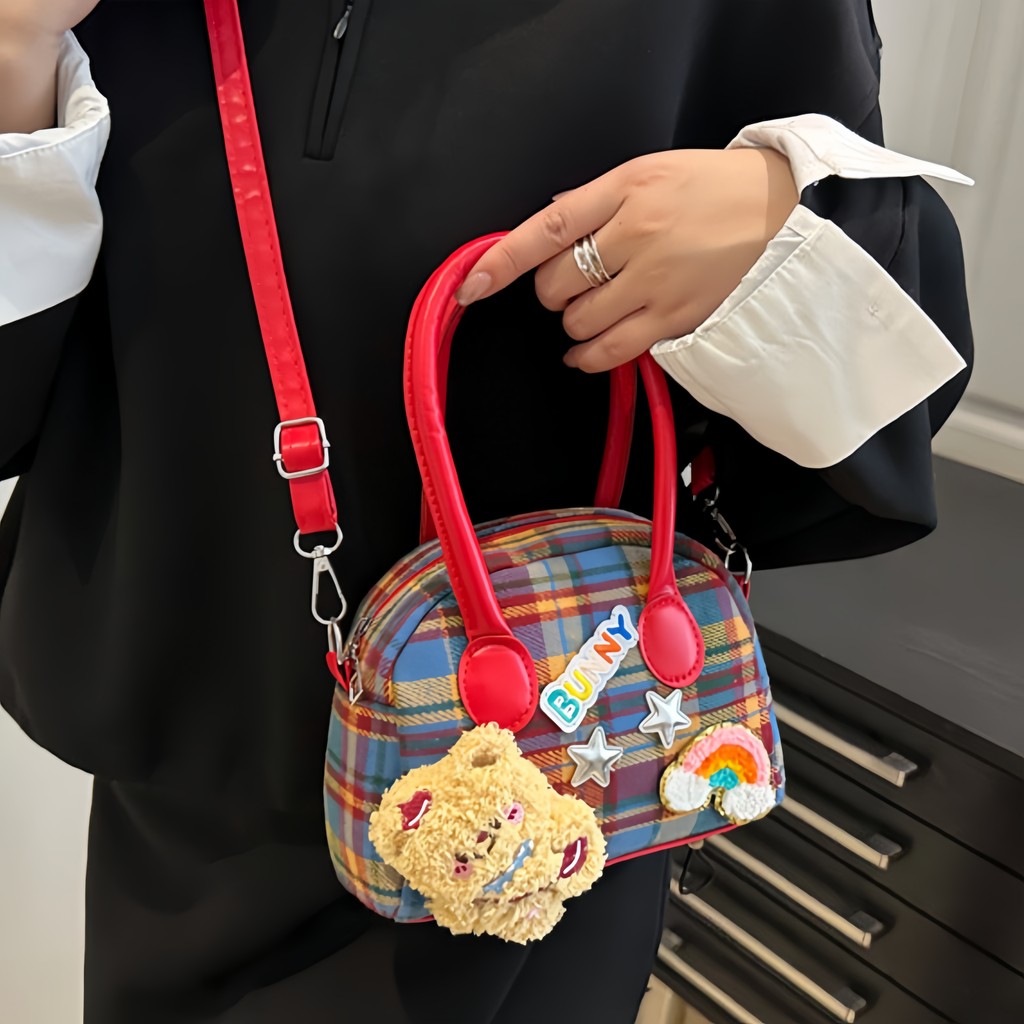 ANCO 2026 Túi xách nữ in sọc mới Dễ thương Brown Bear Single Shoulder Boston Shell Bag Túi du lịch giá trị cao