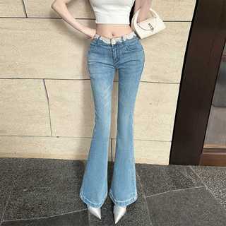 Quần ống loe nữ cạp trung đệm hông viền ren slim dài xanh nhạt mới xuân 2025 Closet Diary