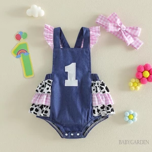 Bé Gái Trang Phục Sinh Nhật Đầu Tiên Tay Bay Đáng Yêu Cổ Vuông Kẻ Sọc Denim Romper Và Băng Đô