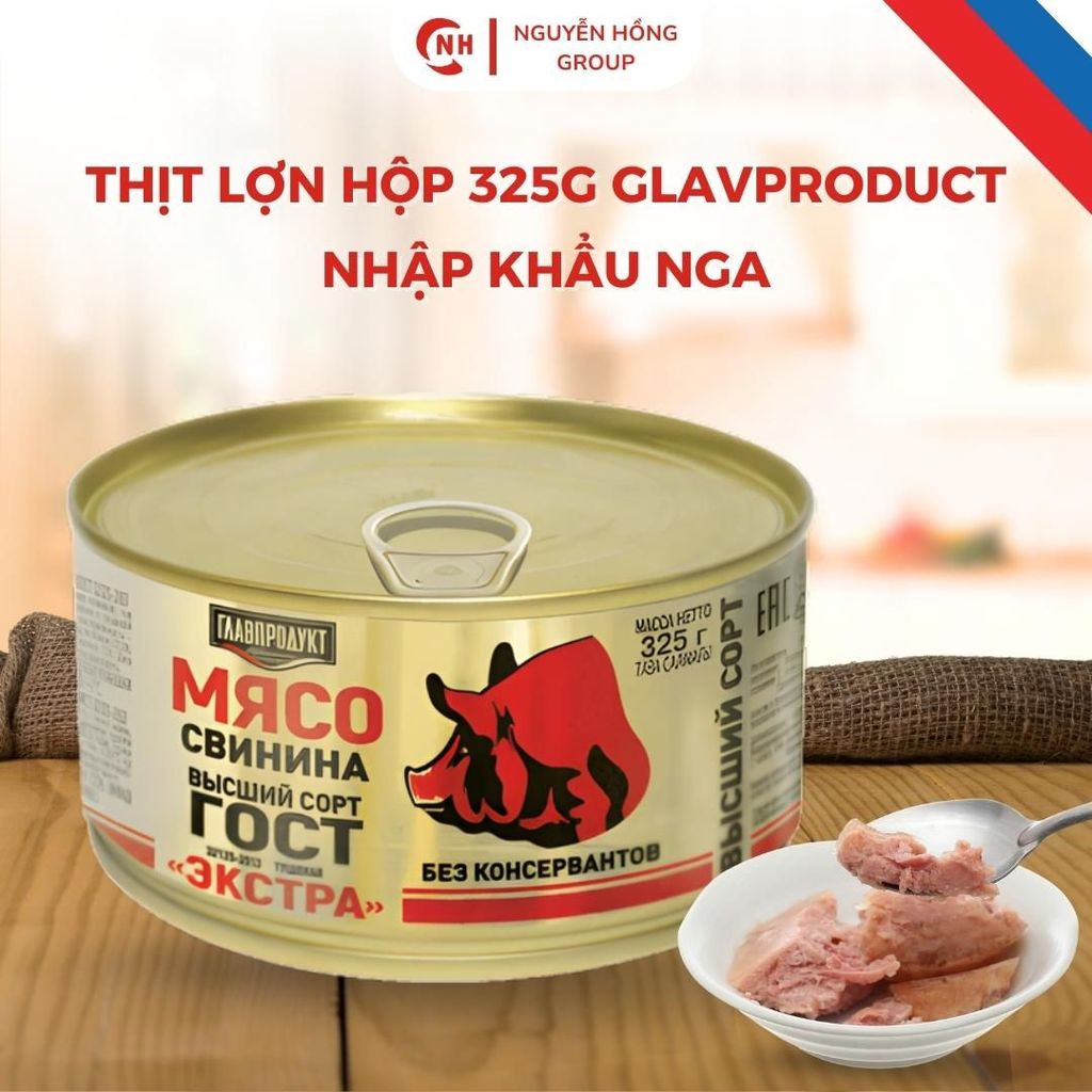 Thịt lợn hộp 325g Glavproduct nhập khẩu Nga food thức ăn thơm ngon ăn vặt