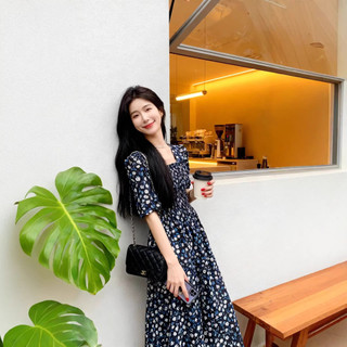 [Hàng có sẵn] Đầm voan nữ chất lượng cao Hoa lá sen cổ vuông Trumpet công chúa thường ngày mùa hè mới Váy công chúa gầy