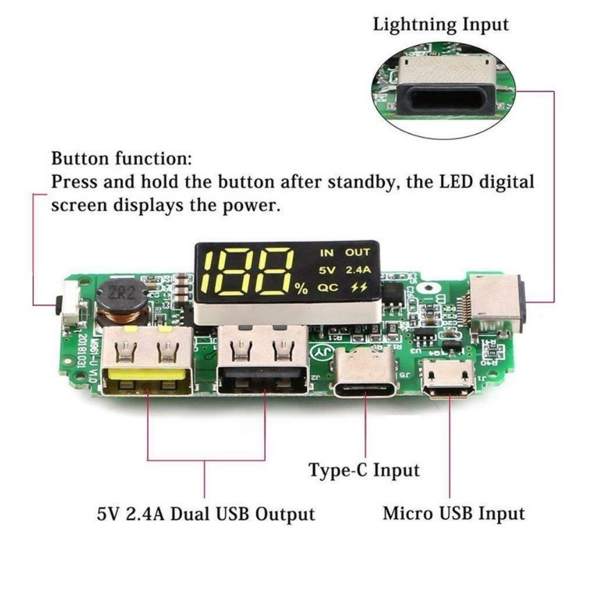 [COD] Bảng mạch sạc dự phòng 18650 - LCD hiển thị điện áp, đa cổng sạc, bảo vệ mạch, chất lượng ổn định