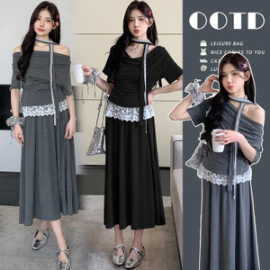 Bộ đồ bà bầu thời trang mùa hè gồm áo thiết kế croptop và váy trước có nút cài