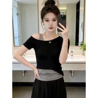 Plus Size Top Nữ Plus Size Ngắn Top Béo MM Giả Hai Mảnh Áo Thun Nữ Tay Ngắn Mùa Hè Năm Nay Phổ Biến Ôm Hơn Thiết Kế Dáng Rộng Vai Top 120kg Plus Size Quần Áo Nữ