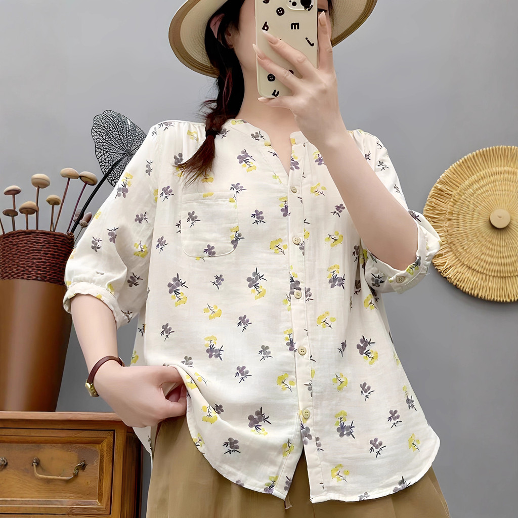 <![CDATA[Áo sơ mi nữ 100% cotton cổ chữ V, tay vừa, họa tiết mùa hè]]>