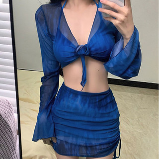 Nova-Set bộ đồ bơi bikini 4 chi tiết kèm áo choàng dài tay phối chân váy dây rút ôm body sexy có đệm ngực