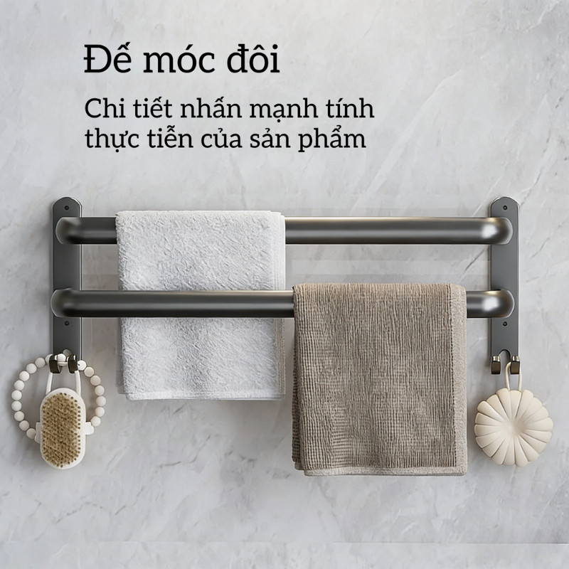 Thanh Treo Khăn Nhà Tắm Bằng Nhôm Hàng Không Cao Cấp – Màu Xám, Lắp Đặt Không Cần Khoan, Chắc Chắn & Tiện Lợi