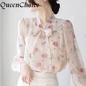 Áo sơ mi nữ voan dáng rộng, dây buộc ngọt ngào
