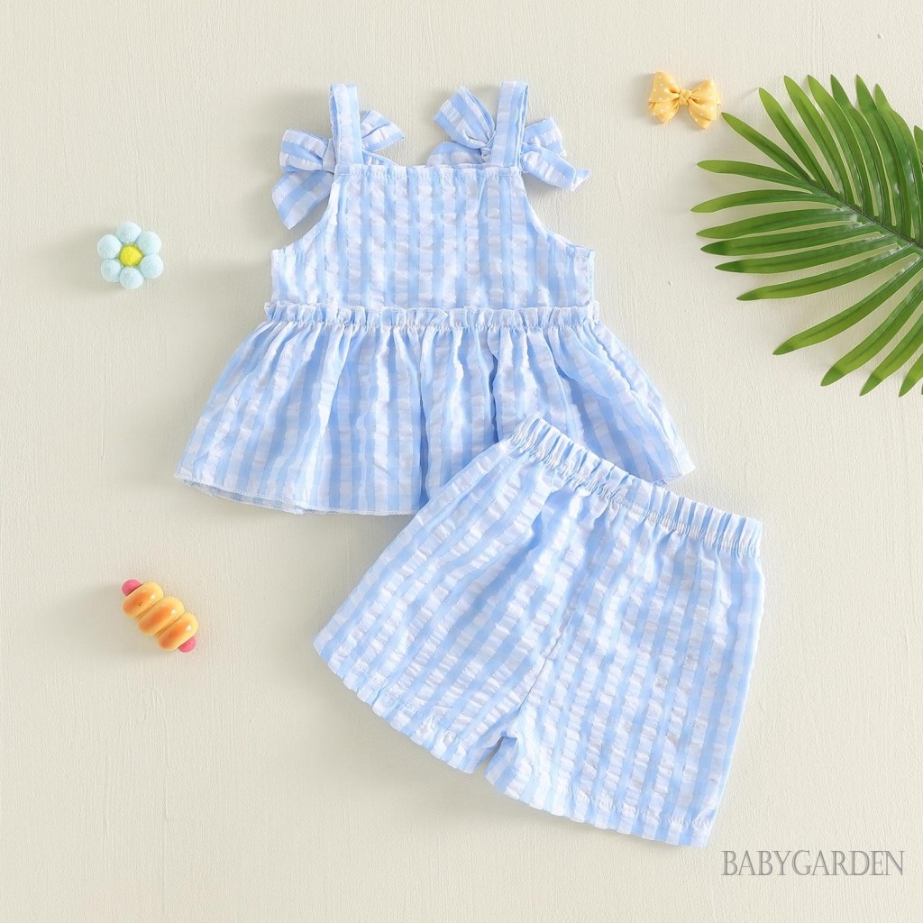 6M-4Y Bé Gái Mùa Hè Bộ Hoa / Bơ Thêu Kẻ Sọc Nơ Áo Bể Không Tay Áo Co Giãn Eo Quần Short