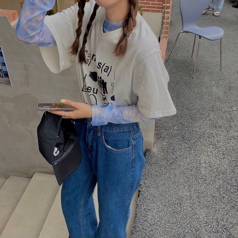 Milyfashion Slimer Look Tie-Dye Print Gạc Phiên bản Hàn Quốc Slim-fit Bên trong dài tay T