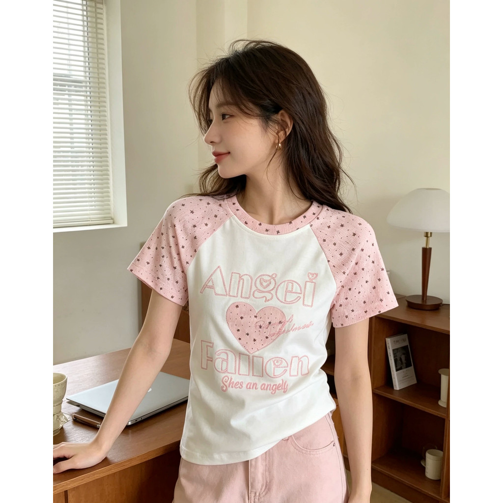 Áo Thun babytee In hình trái tim dễ thương, màu sắc tương phản style Raglan