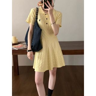Đầm dệt kim tay ngắn mùa xuân cho phụ nữ, dáng A, eo thon, giảm béo, cổ polo, dài đến đầu gối