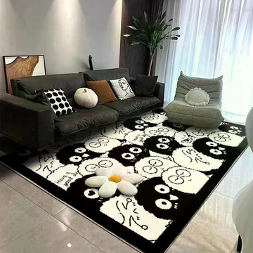Thảm sofa phòng khách giả lông cừu đen trắng, thảm lò sưởi, thảm phòng ngủ gia đình, thảm bàn trà, thảm dày.