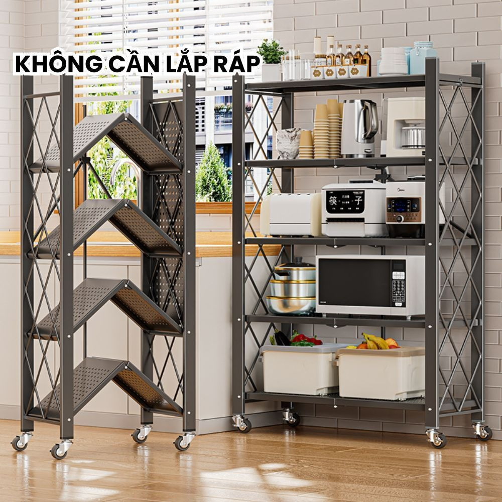 Kệ Gấp Gọn Đa Năng Không Cần Lắp Ráp Khung Thép, Kệ Để Đồ Nhà Bếp, Phòng Khách, Kho Đồ Có Bánh Xe
