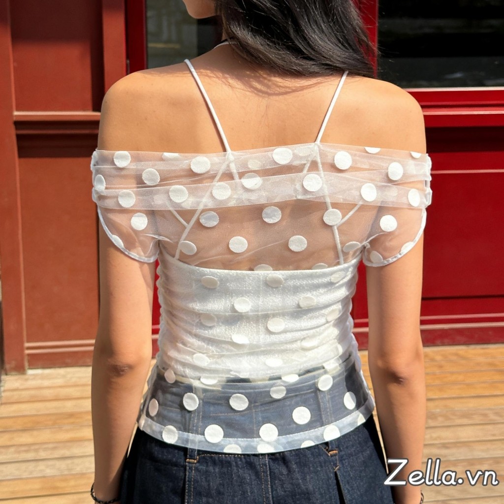 Áo thun lệch vai nữ, kiểu slim fit sành điệu, chất liệu sheer và họa tiết chấm bi (Không bao gồm lót)