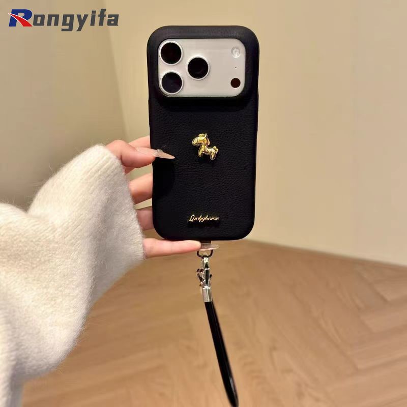 Ốp Điện Thoại Năm Mới Pony Dễ Thương Cho iPhone 17 Pro Max Air 16E 16 15 Plus Pro Max 17ProMax 16ProMax Bao Da Hoạt Hình Ngựa Da PU Chống Sốc Vỏ Mềm Có Dây Buộc Ngắn