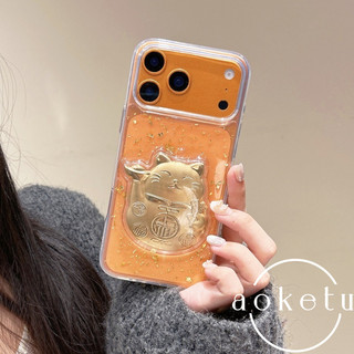 Trà sữa mèo may mắn lá vàng trong suốt thích hợp cho vỏ điện thoại Apple 17 Promax sang trọng ba chiều 16 / 15 / 14 / 13 / 12 / 11 bao gồm tất cả vỏ silicon chống rơi