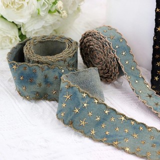 EBINLANDS 1 yard 38MM Ruy băng vải denim, Ruy băng ngôi sao vàng rộng 38MM, DIY Ngôi sao vàng đóng dấu họa tiết ruy băng đóng dấu Quần áo may