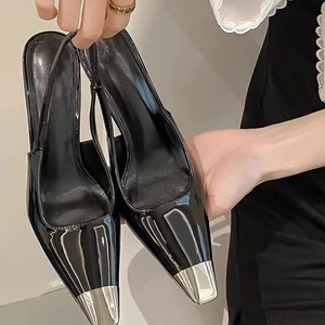 Mũi Nhọn Nữ Giày Cao Gót Đen Bằng Sáng Chế Da Ngón Chân Sandal Nữ Giày Đơn Stiletto Park Chae Giày Cao Gót Hoa Hồng Trẻ26040109