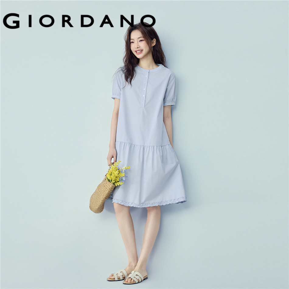 GIORDANO WOMEN Pure cotton pieced lace hem round neck short sleeve dress. - High Quality 05466346